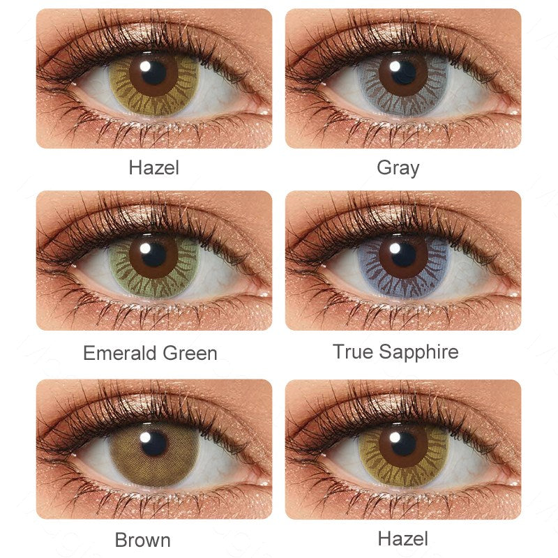 A display of Sensual colored contacts in Hazel, Gray, True Sapphire, Emerald Green, Brown, each shown wearing in a close-up of a model's eye , with the color names labeled beneath each image.