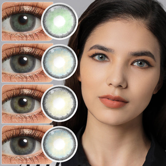 A young lady showcasing Sono colored contacts, with close-up insets highlighting the natural and enhanced eye colors available.