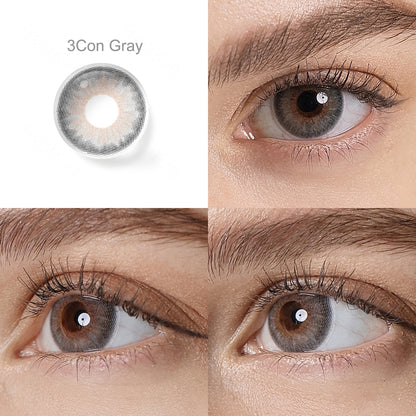 Grid display of 1 shade of Symphony colored contact lenses, labeled  3Con Gray, with a close-up view of the lens pattern and the effect on a brown-eyed model in 3 different angel.