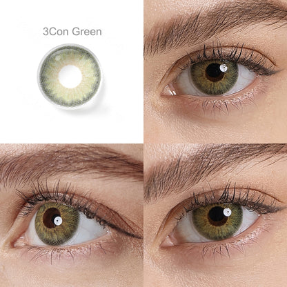 Grid display of 1 shade of Symphony colored contact lenses, labeled  3Con Green, with a close-up view of the lens pattern and the effect on a brown-eyed model in 3 different angel.