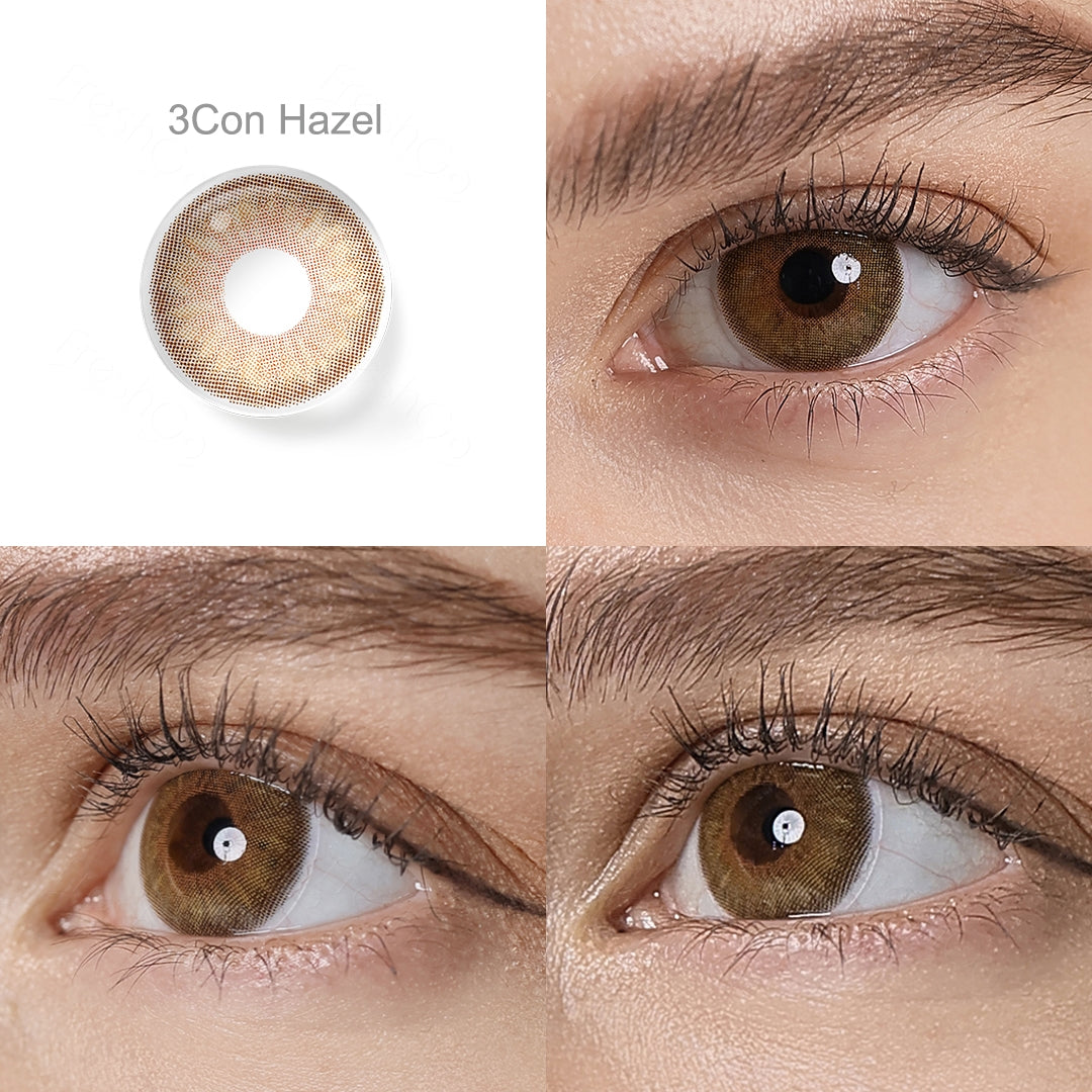 Grid display of 1 shade of Symphony colored contact lenses, labeled  3Con Hazel, with a close-up view of the lens pattern and the effect on a brown-eyed model in 3 different angel.