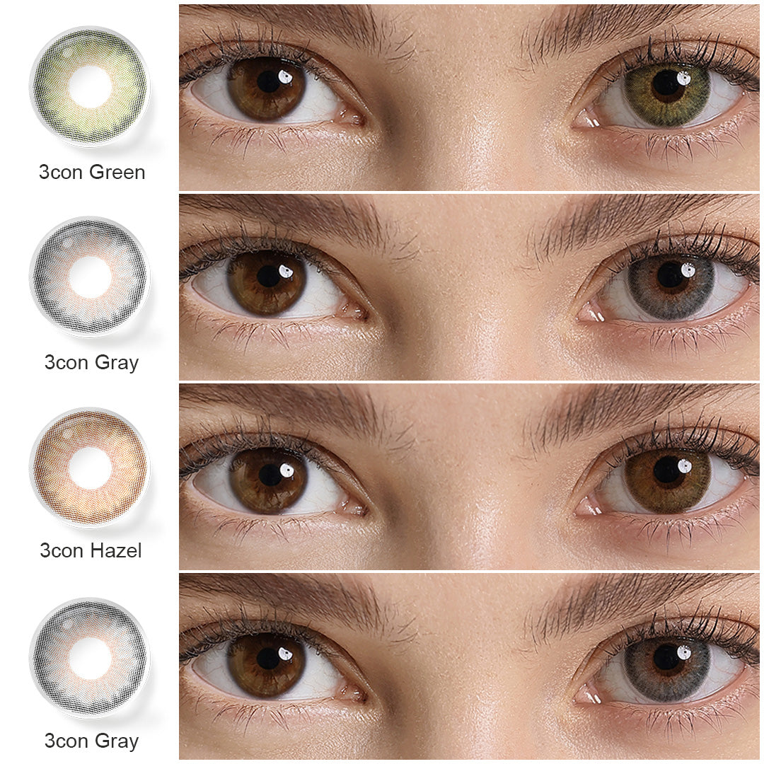 A display of Symphony Colored Contacts in 3Con Green, 3Con Gray, 3Con Hazel, each shown both as a lens swatch and wearing comparison in a close-up of a model's eye , with the color names labeled beneath each image.