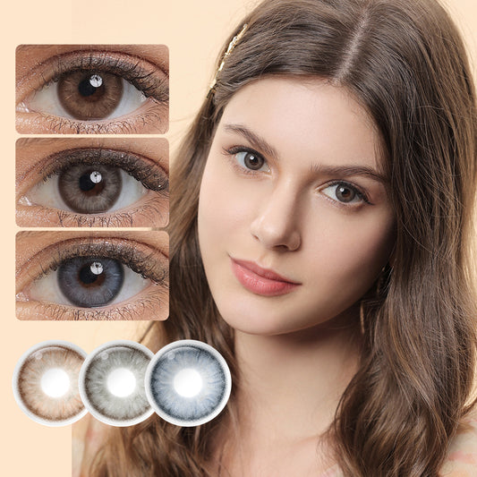 A young lady showcasing ZOE colored contacts, with close-up insets highlighting the natural and enhanced eye colors available.