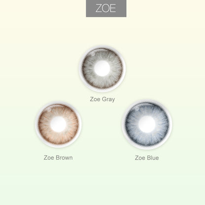 Grid layout of Cloud Colored Contacts in various shades with each lens' color name: Zoe Gray,Zoe Brown, Zoe Blue, on a soft gradient background.