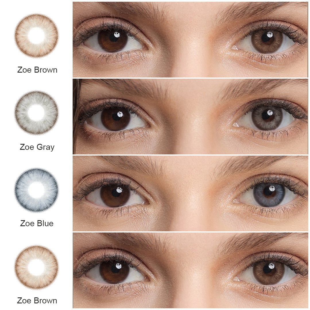 A display of Cloud Colored Contacts in Zoe Brown,Zoe Gray and Zoe Blue, each shown both as a lens swatch and wearing comparison in a close-up of a model's eye , with the color names labeled beneath each image.