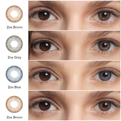 A display of Cloud Colored Contacts in Zoe Brown,Zoe Gray and Zoe Blue, each shown both as a lens swatch and wearing comparison in a close-up of a model's eye , with the color names labeled beneath each image.