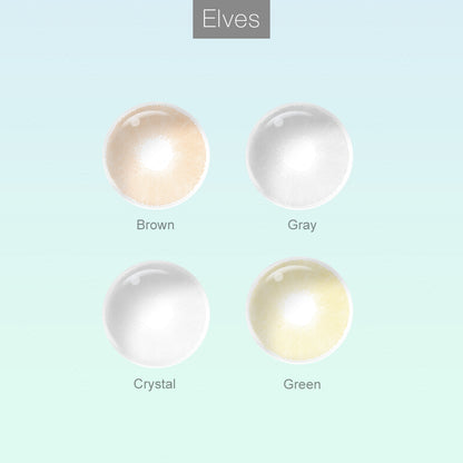 Grid layout of Elves colored contact lenses in various shades with each lens' color name: Brown, Green, Gray, Crystal , on a soft gradient background.