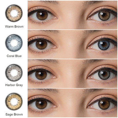 Showcase of four HC2 colored contact lenses in natural eye settings, comparing eye effect after before and after