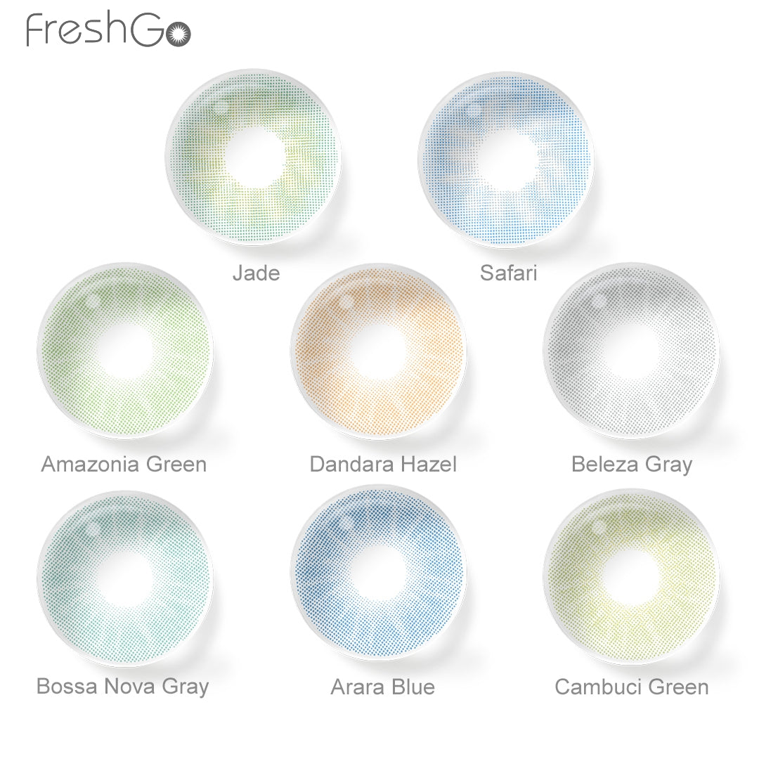 Grid layout of Hidrocor Gen3 colored contact lenses in various shades with each lens' color name: Amazonia Green, Dandara Hazel, Beleza Gray, Bossa Nova, Arara Blue, Cambuci Green, Jade, Safari., on a soft gradient background.
