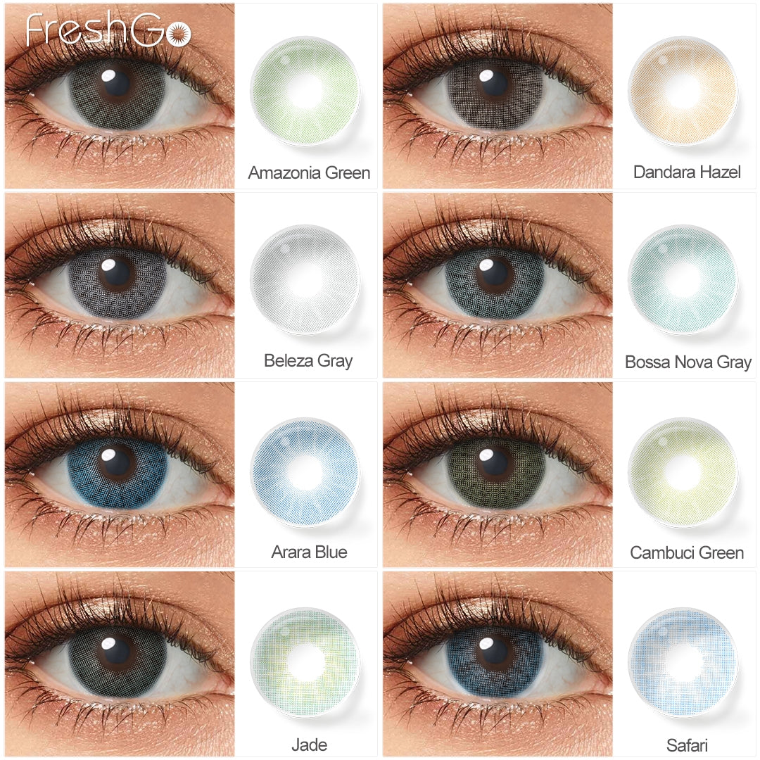 Grid display of 8 shades of Hidrocor Gen3 contact lenses, showing a variety of shades including Amazonia Green, Dandara Hazel, Beleza Gray, Bossa Nova, Arara Blue, Cambuci Green, Jade, Safari, each paired with a close-up view of the lens pattern and the effect on a brown-eyed model.