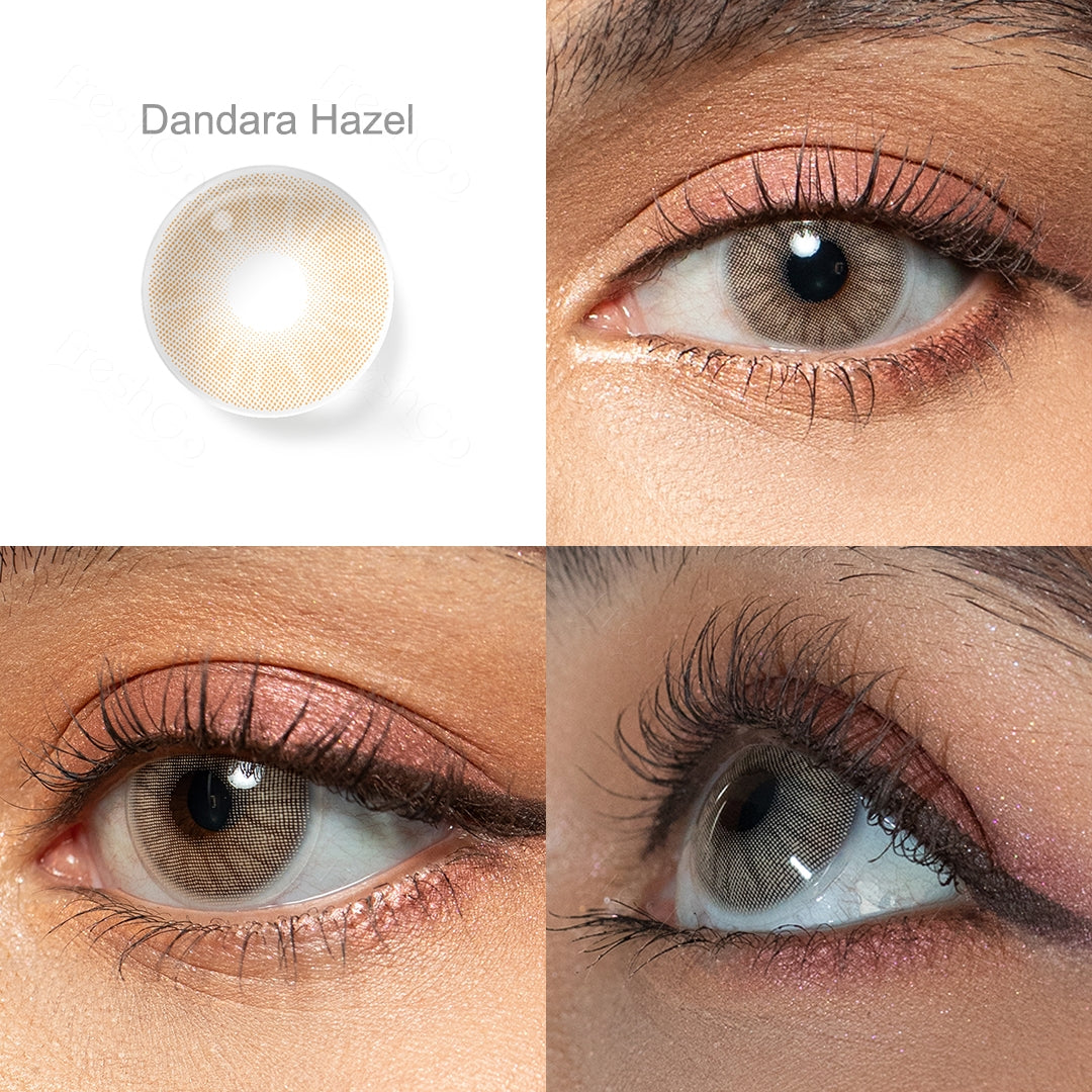 Showcase of one Hidrocor Gen3 colored contact lenses in natural eye settings, labeled Dandara Hazel, demonstrating the transformative effect from 3 sides on the wearer's eye color.