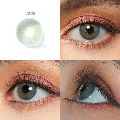 Showcase of one Hidrocor Gen3 colored contact lenses in natural eye settings, labeled Jade, demonstrating the transformative effect from 3 sides on the wearer's eye color.