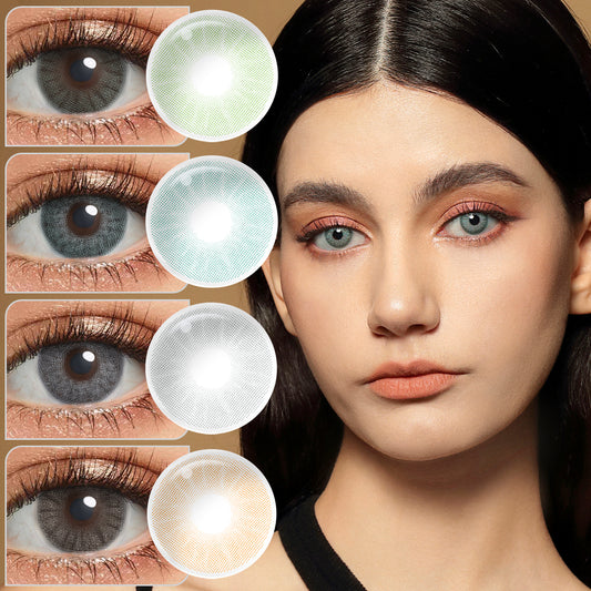 A young lady showcasing Hidrocor Gen3 colored contact lenses, with close-up insets highlighting the natural and enhanced eye colors available.