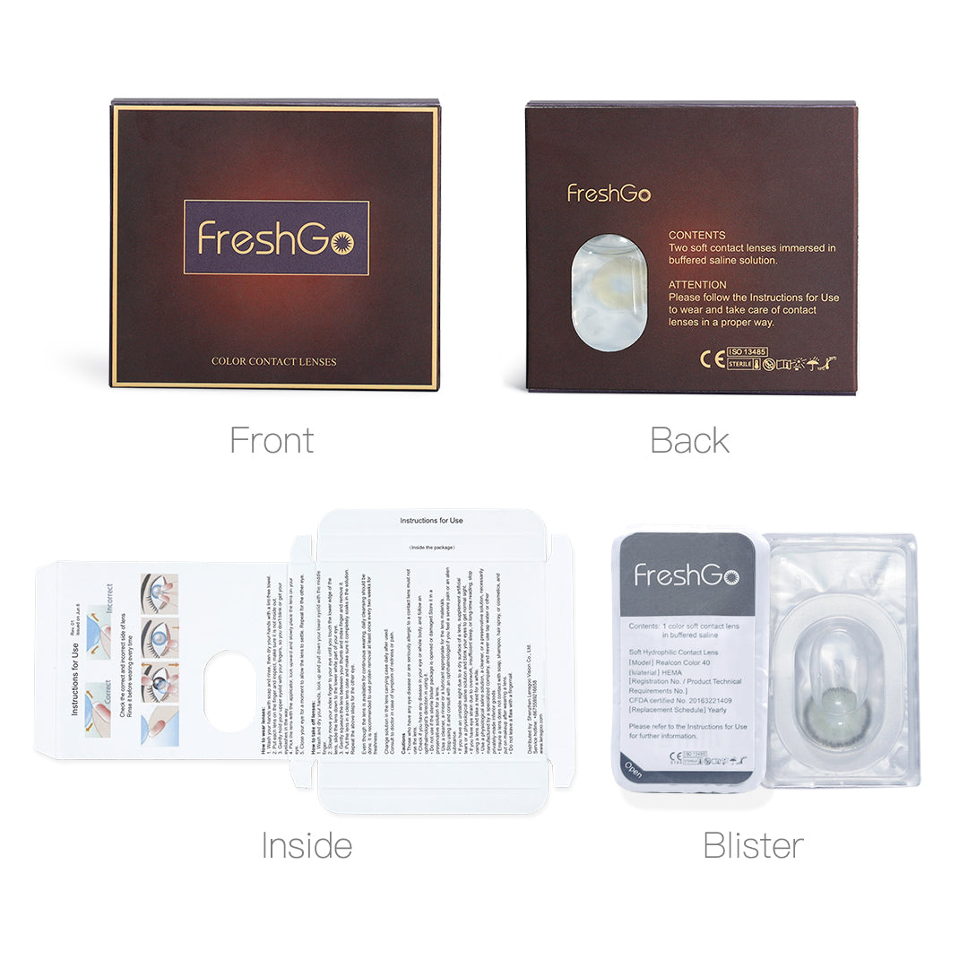Package display of Freshgo colored contact lenses: front, back and inside. Each box including 2 pieces of lenses in blister.