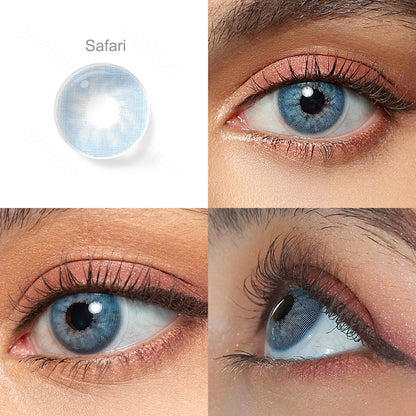 Showcase of one Hidrocor Gen3 colored contact lenses in natural eye settings, labeled Safari, demonstrating the transformative effect from 3 sides on the wearer's eye color.