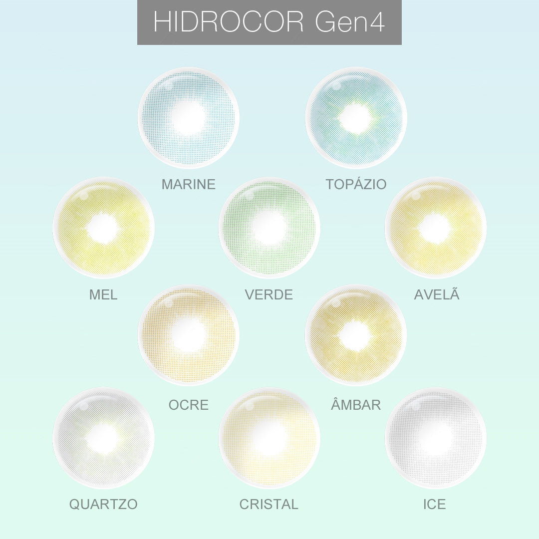 Grid layout of Hidrocor Gen4 colored contact lenses in various shades with each lens' color name: Ice, Orce, Cristal, Verde, Marine, Quartzo, Avela, Mel, Topazio, Âmber, on a soft gradient background.