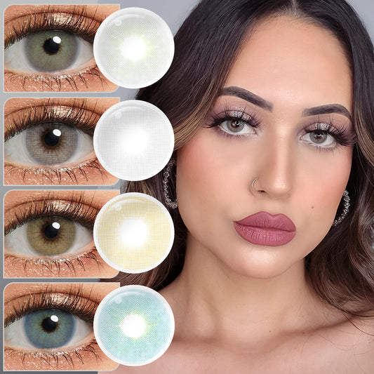 A young lady showcasing Hidrocor Gen4 colored contact lenses, with close-up insets highlighting the natural and enhanced eye colors available.