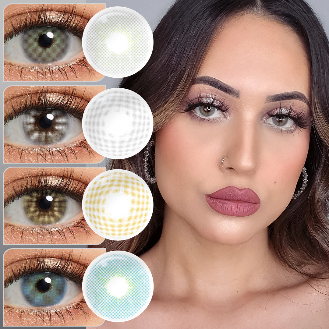 A young lady showcasing Hidrocor Gen4 colored contact lenses, with close-up insets highlighting the natural and enhanced eye colors available.