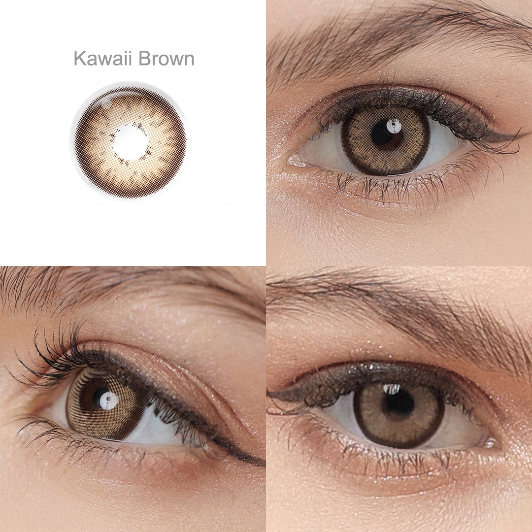 Grid display of 1 shade of Kawaii Cosmetic Contacts, which is Kawaii Brown,with a close-up view of the lens pattern and the effect on a brown-eyed model in 3 different angel.