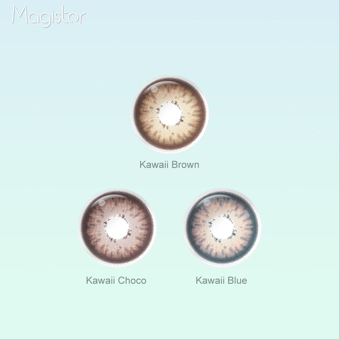 Grid layout of Kawaii colored contact lenses in various shades with each lens' color name:Kawaii Brown,Kawaii Choco,Kawaii Blue, on a soft gradient background.