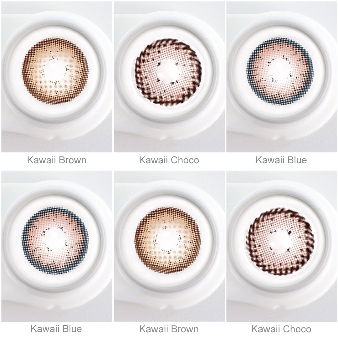 Array of Kawaii contact lenses in a white case, showcasing three colors:Kawaii Brown , Kawaii Choco , Kawaii Blue. Each lens is labeled with its color name beneath the case.