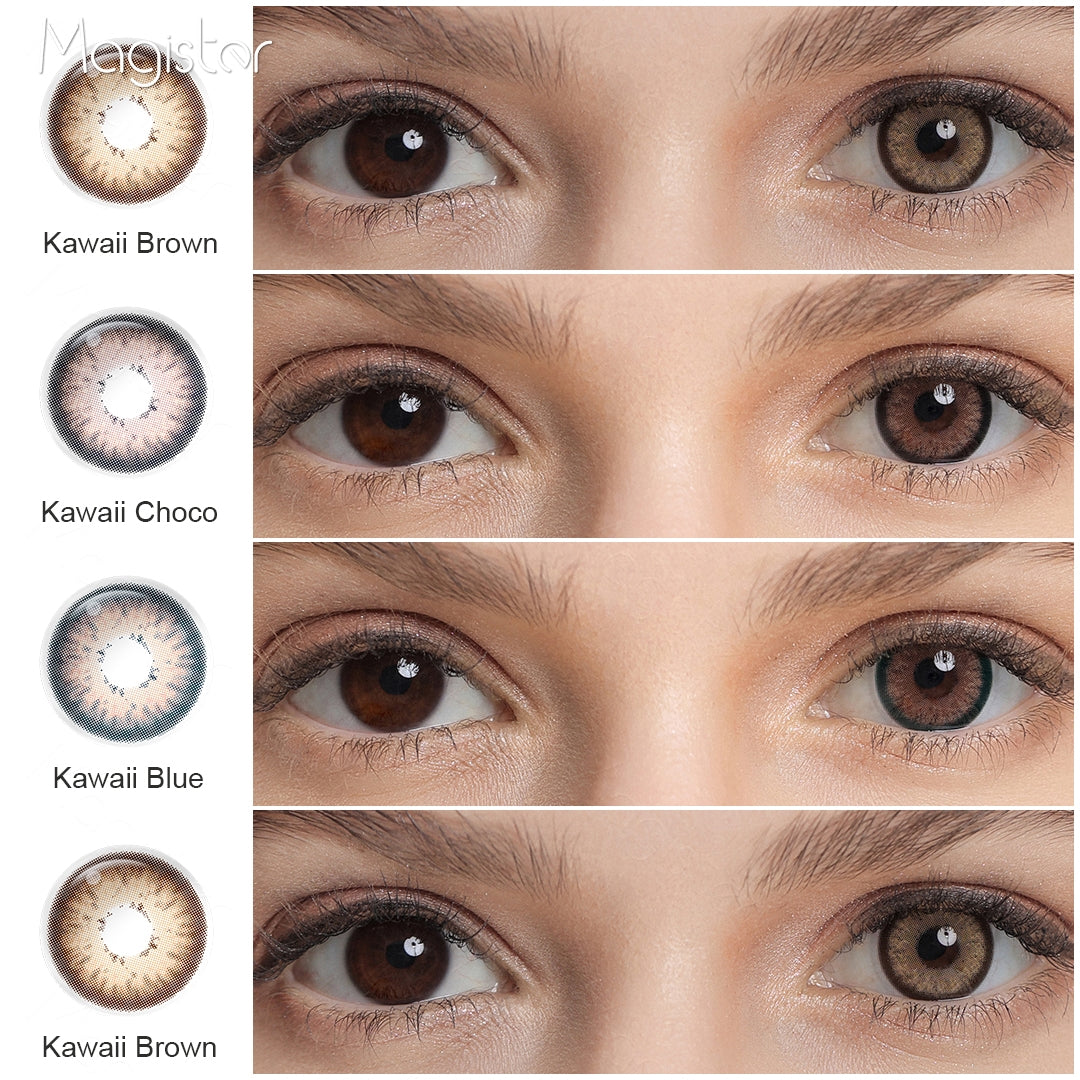A display of Kawaii colored contact lenses in Kawaii Brown , Kawaii Choco , Kawaii Blue, each shown both as a lens swatch and wearing comparison in a close-up of a model's eye , with the color names labeled beneath each image.
