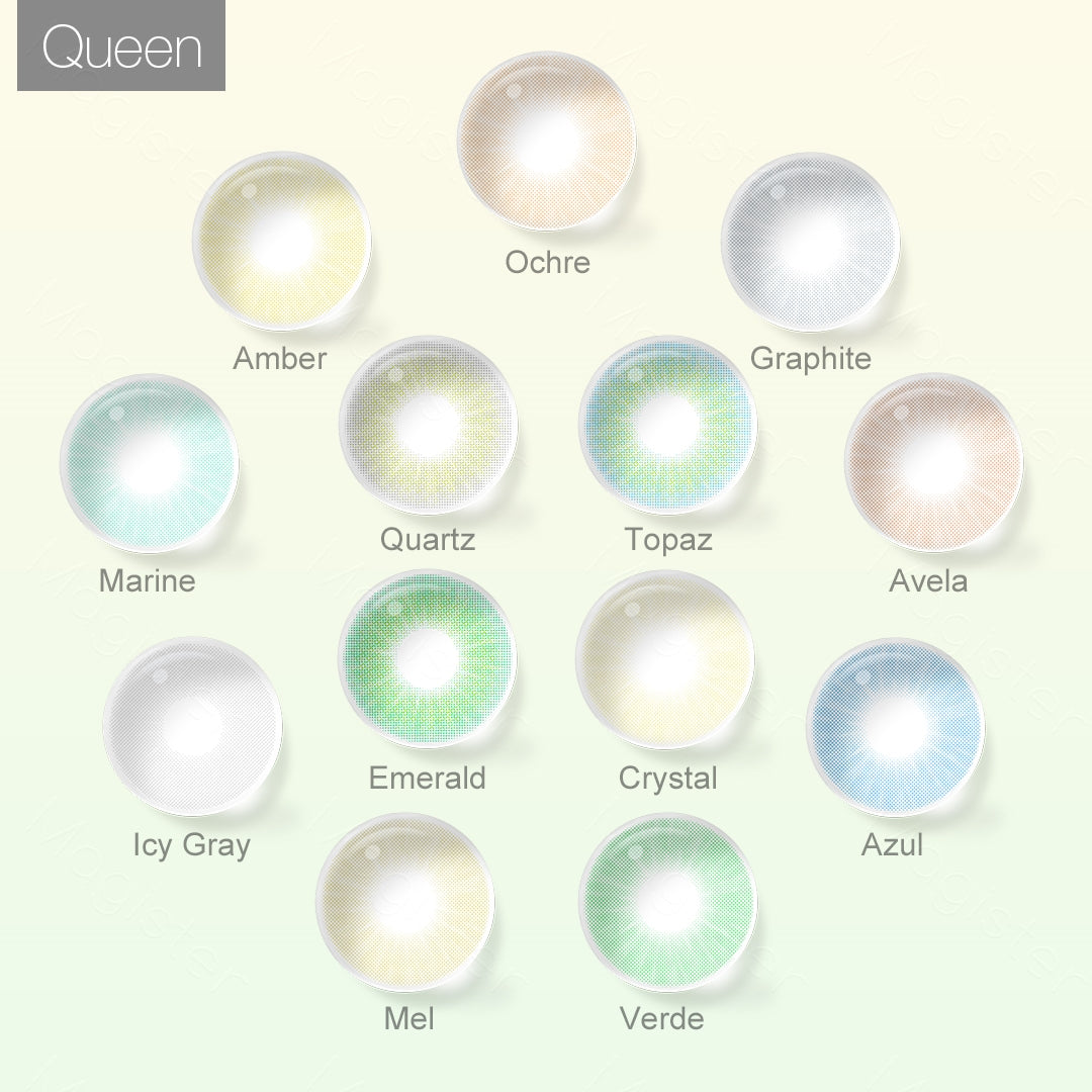 Grid layout of Queen Cosmetic Contact Lenses in various shades with each lens' color name: Honey，Amber，Graphite，Marine，Icy Gray，Avela，Ochre，Azul，Mel，Verde，Quartz，Crystal，Emerald，Topaz, on a soft gradient background.