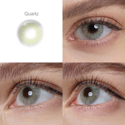 Grid display of 1 shade of Queen Cosmetic Contacts, which is Quartz ,with a close-up view of the lens pattern and the effect on a brown-eyed model in 3 different angel.