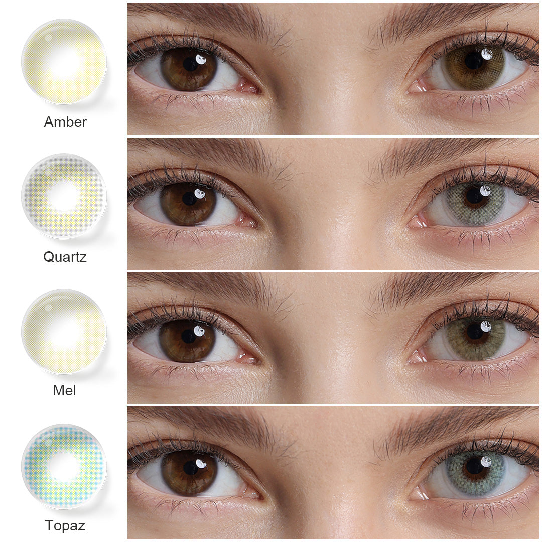A display of Queen colored contacts in Amber, Quartz, Topaz, and Mel, each shown both as a lens swatch and wearing comparison in a close-up of a model's eye , with the color names labeled beneath each image.