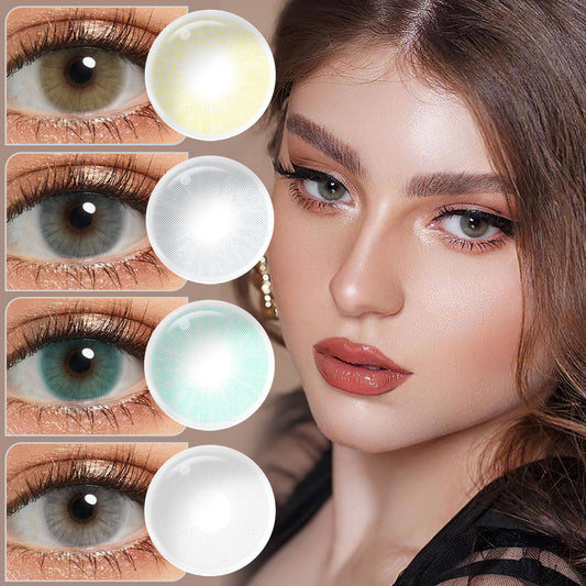 A brown-eyes model showcasing Queen natural colored contact lenses, display the eyes effect of the colors Topaz and Graphite with close-up insects highlighting the natural and enhanced eye colors available.