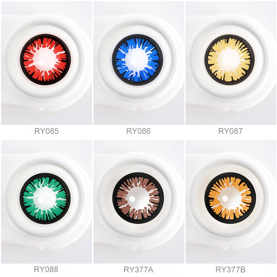 Variety of Aiyanye Costume Contacts colors displayed on a model's eyes, showcasing 6 different shades.
