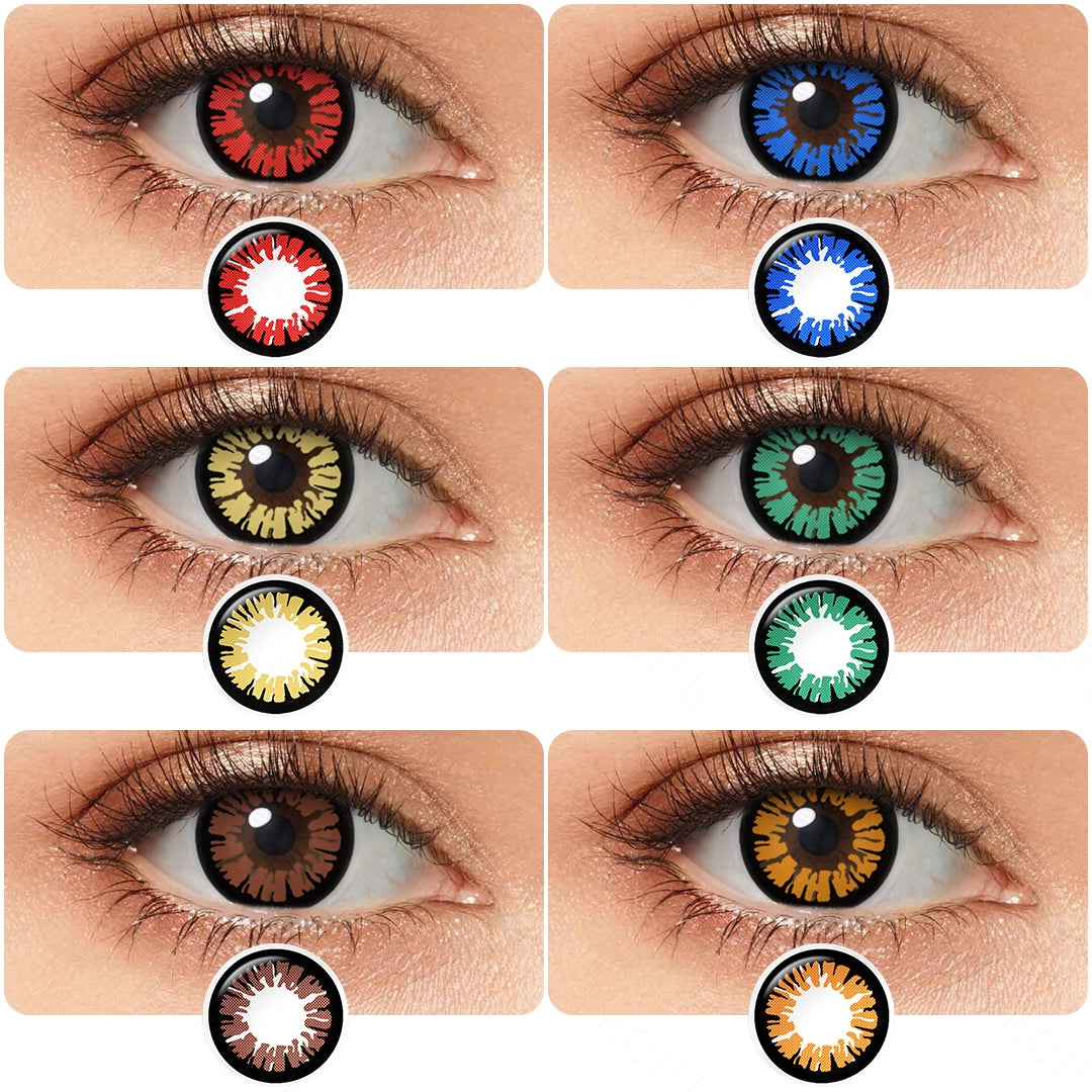 Variety of  Aiyanye Costume Contacts colors displayed on a model's eyes, showcasing 6 different shades.