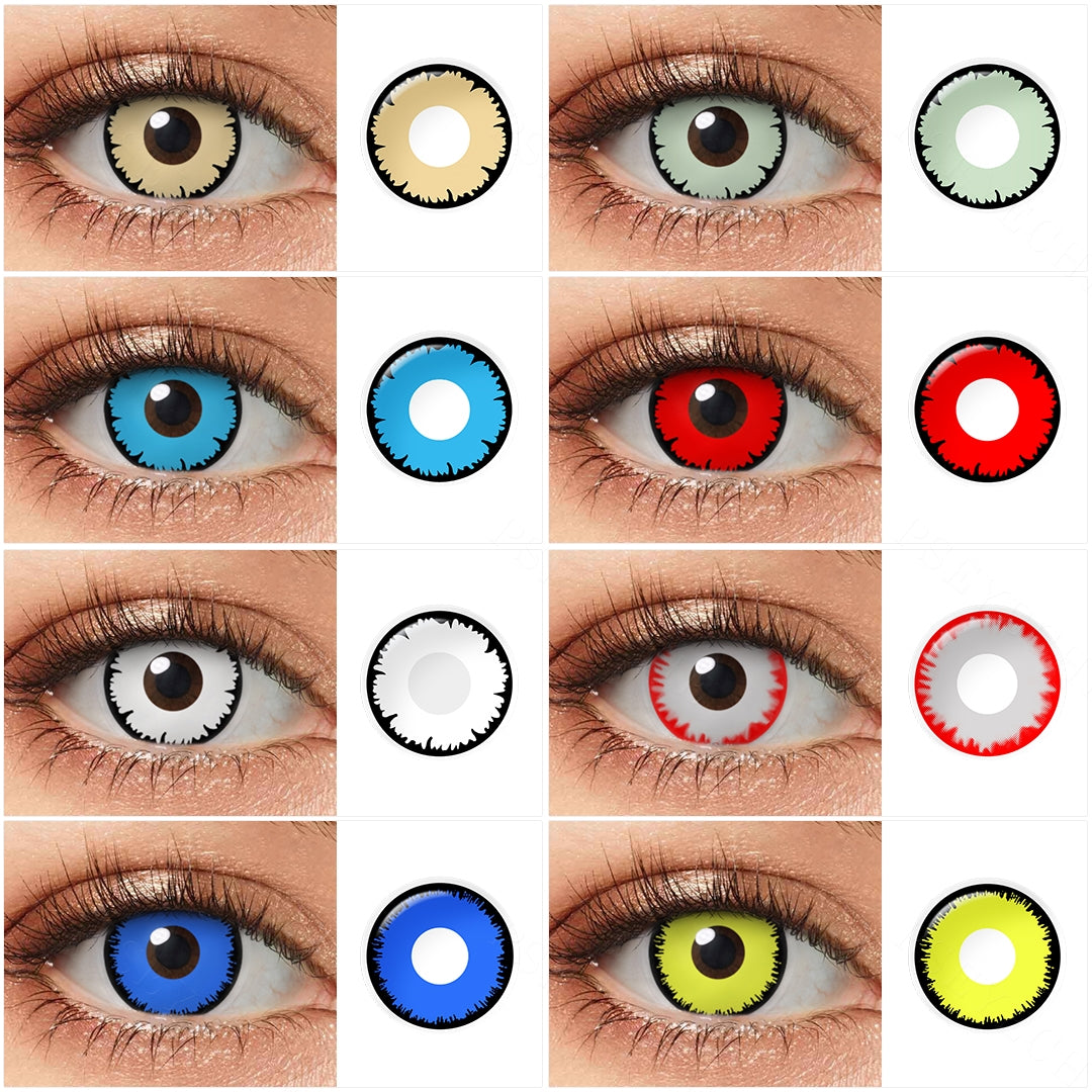 Grid display of 8 shades of Cosplay Elf Eye Lenses, showing a variety of shades including Angelic Brown/Green/ Blue/Red/ White,  Twilight Grey Werewolf, Twilight Space Blue Werewolf, Zenitsu Eyes Bright Yellow, each paired with a close-up view of the lens pattern