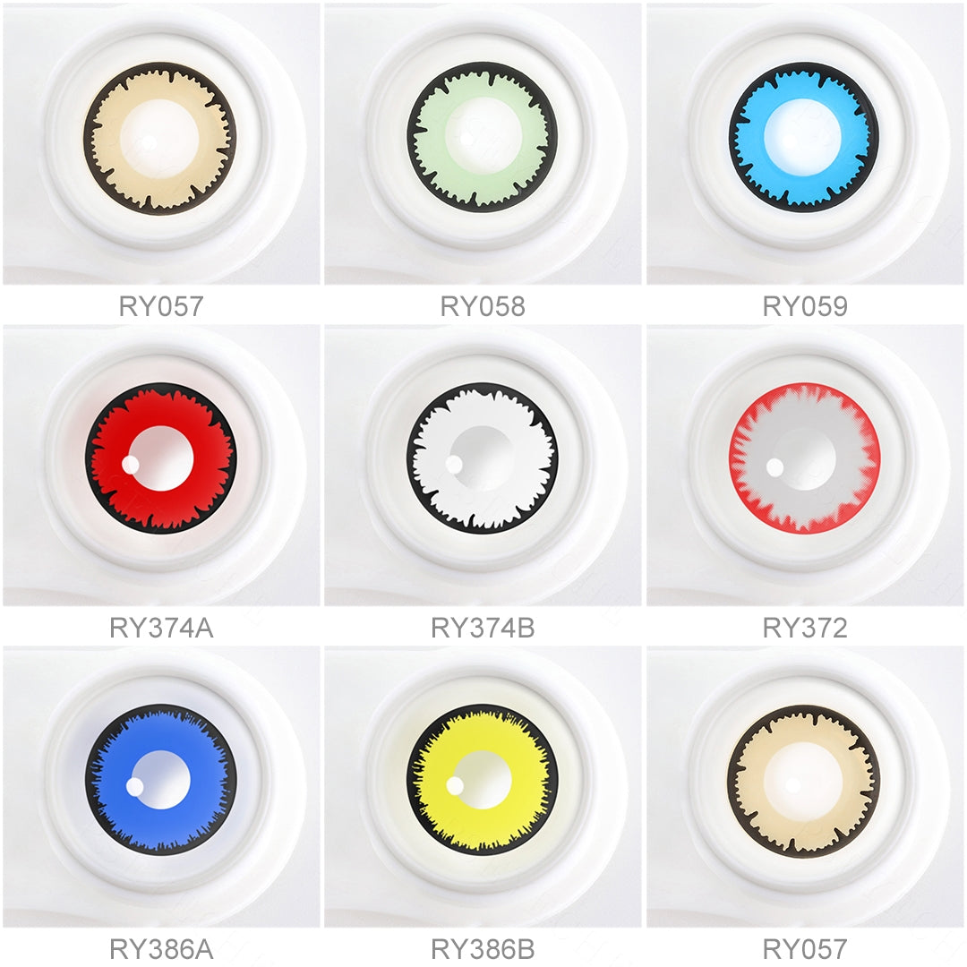 Array of cosplay Elf Eye Lenses in a white case, showcasing 9 colors: Angelic Brown/Green/ Blue/Red/ White,  Twilight Grey Werewolf, Twilight Space Blue Werewolf, Zenitsu Eyes Bright Yellow. Each lens is labeled with its color name beneath the case.