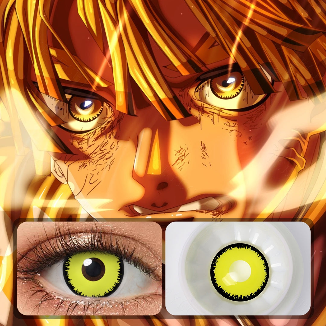 A model showcasing Elf Eye Lenses Costume Contacts, display the wearing effect of RY386B/ Zenitsu Eyes Bright Yellow.