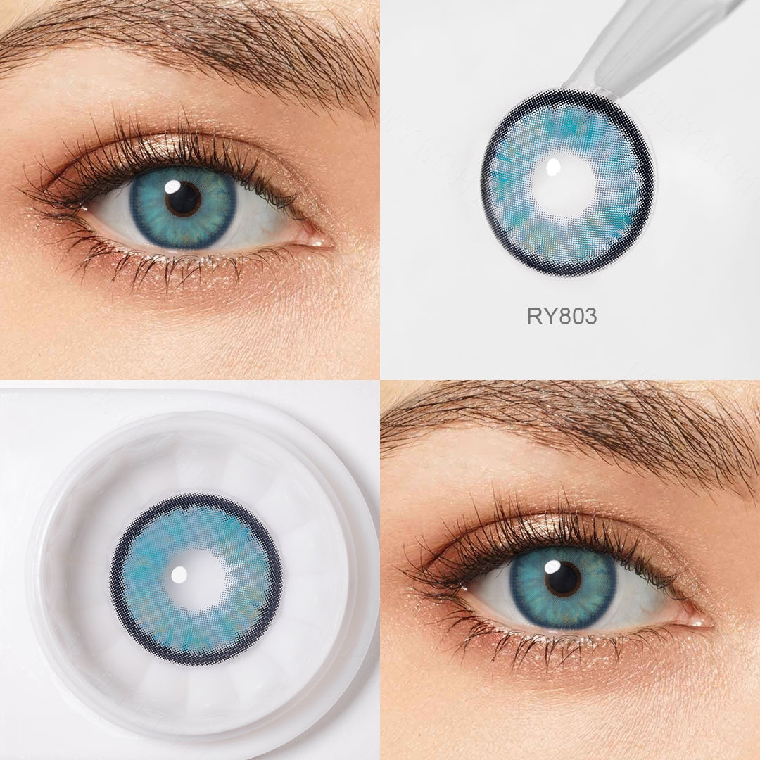 Grid display of 1 shade of ChainSaw ManCostume Contacts, which is RY803 ,with a close-up view of the lens pattern and the effect on a brown-eyed model in 3 different angel.