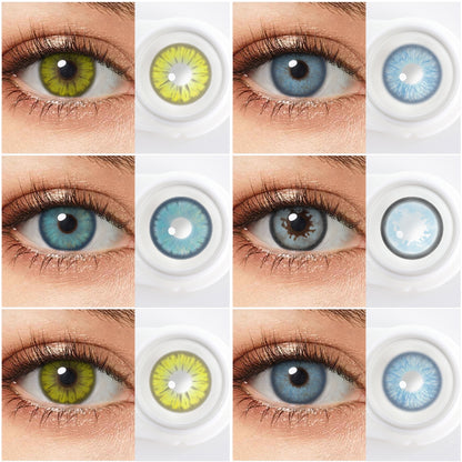 Grid layout of ChainSaw Man  Costume Contacts4  in various shades with each lens' color name: RY801,RY802,RY803,RY318 with close-up insets highlighting the Halloween and enhanced eye colors available., on a soft gradient background.