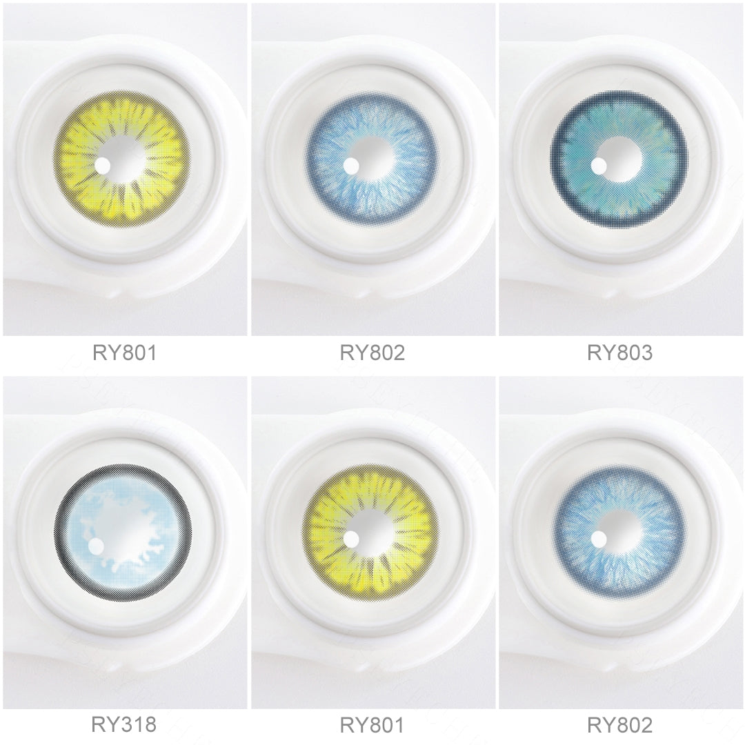 Array of ChainSaw Man  contact lenses in a white case, showcasing 4 colors. Each lens is labeled with its color name beneath the case.
