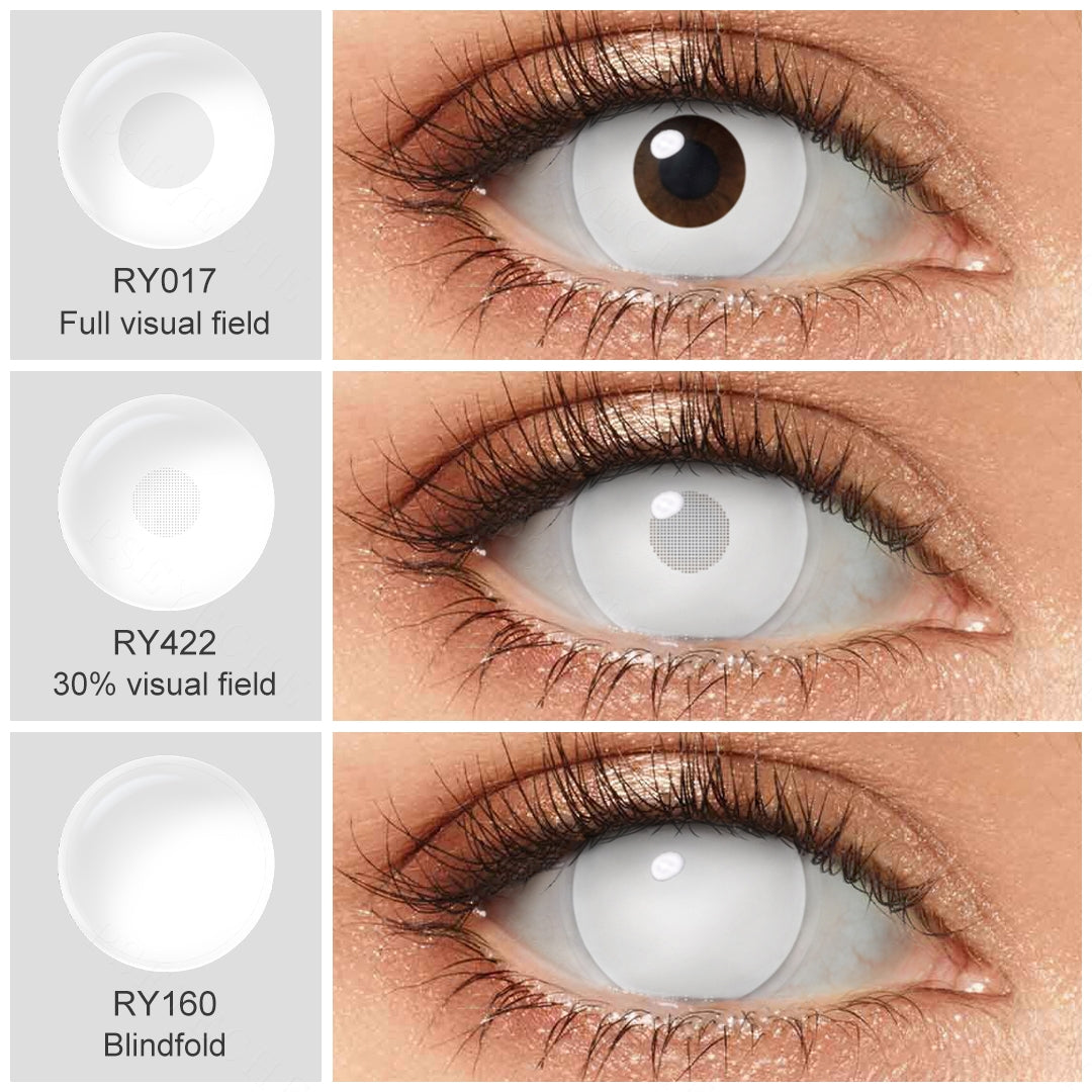 Grid display of dead eye lens of white colors, featuring 3 different shades. Each lens color is shown worn on a close-up of an eye, with the visual field of the shade displayed beneath it.
