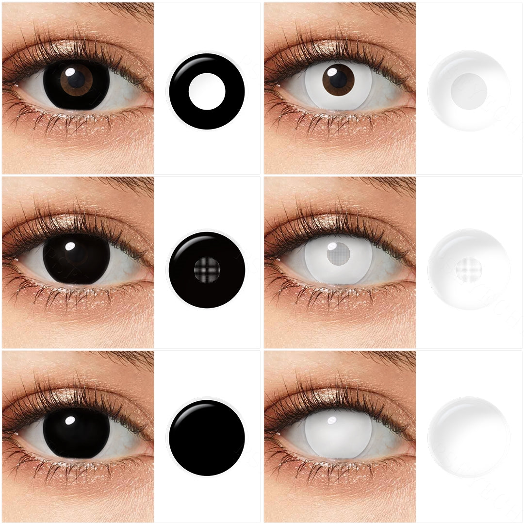 Grid display of 6 shades of Dead Eye Costume Contacts Lenses, showing different white shades and black shades, each paired with a close-up view of the lens pattern and the effect on model.