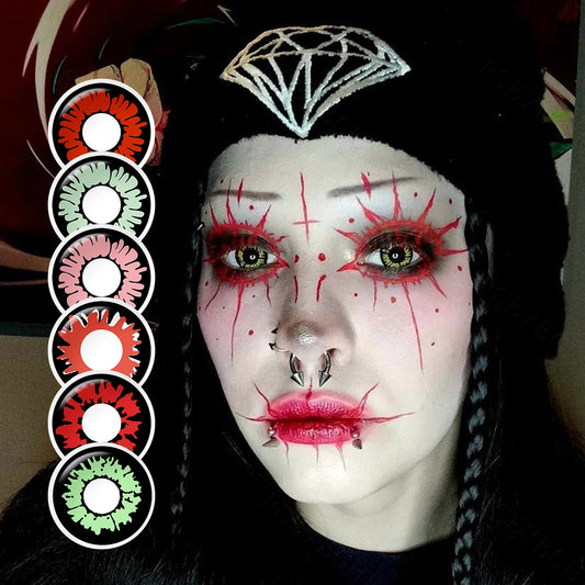 A yong lady showcasing Cosplay Contact Lenses, with close-up insets highlighting halloween and enhanced eye colors available 
