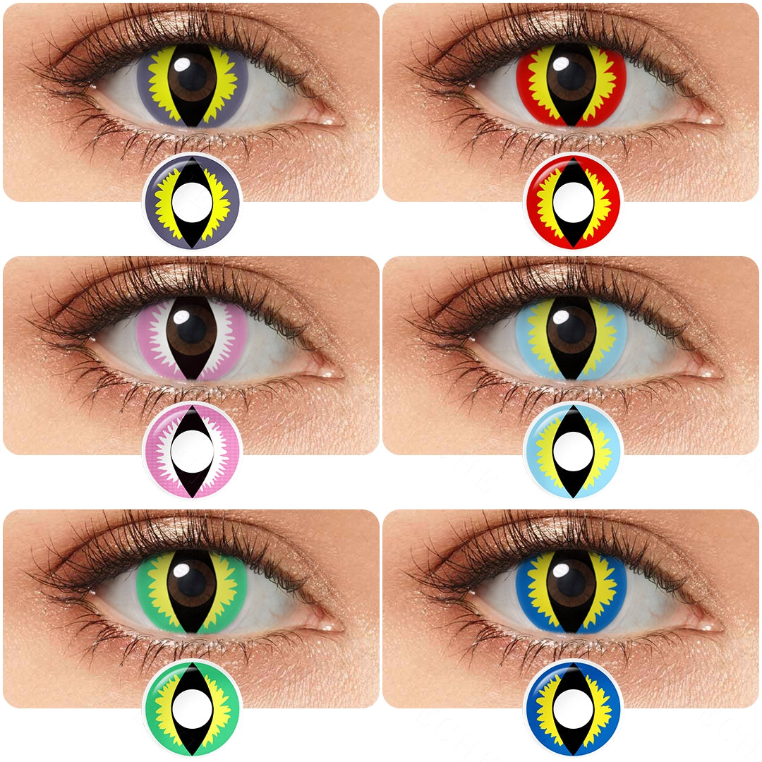 Variety of Dragon Eye Costume Contacts colors displayed on a model's eyes, showcasing shades  Pink Dragon, Gray Dragon, Red Dragon, Blue Dragon, Green Dragon, Ice Blue Dragon.