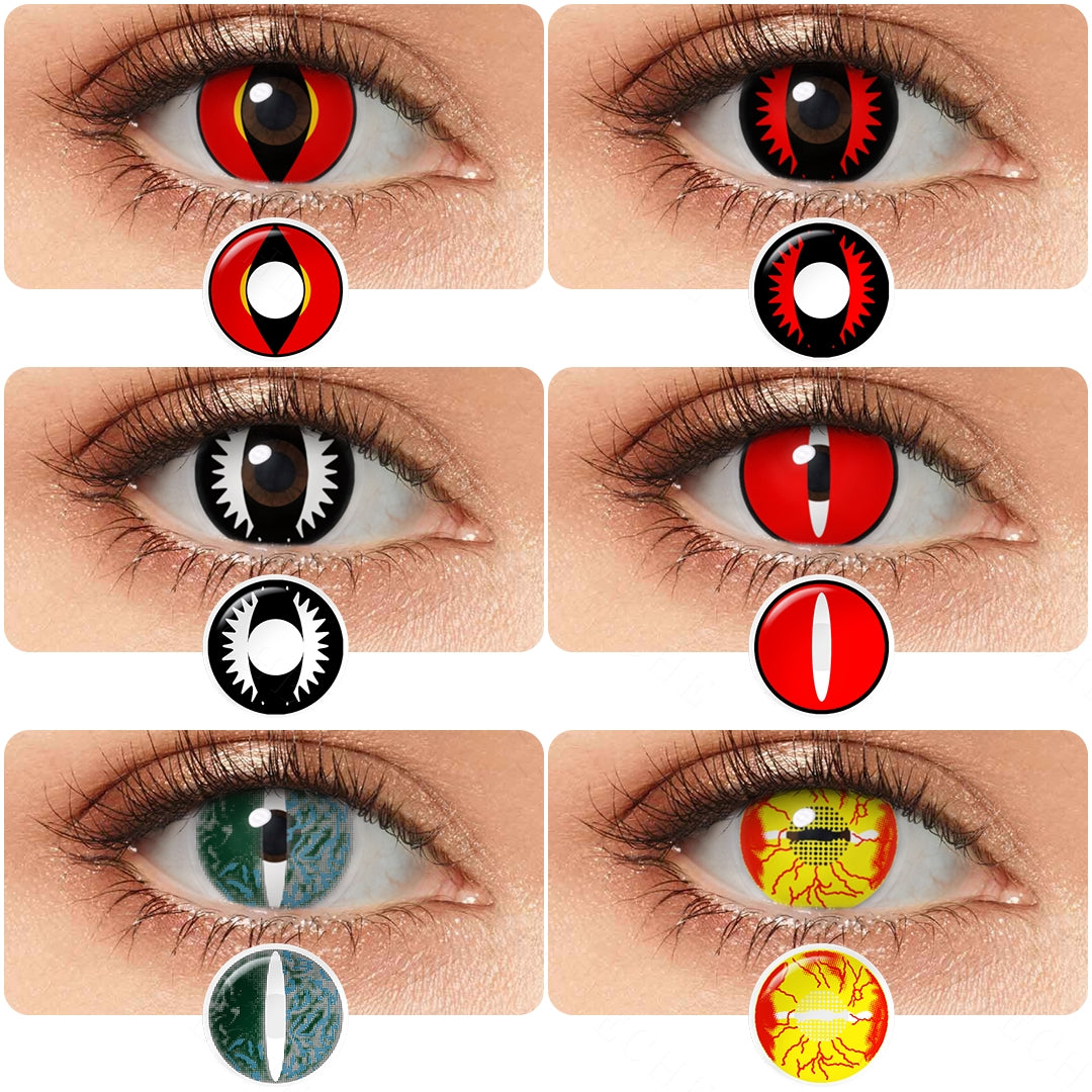 Variety of Dragon Eye Costume Contacts colors displayed on a model's eyes, showcasing shades Green Lizard, Red Demon, Red Lizard, Fire Dragon, Black Dragon, Yellow Dragon.