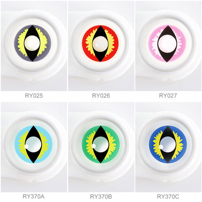 Array of Dragon Eye Costume Contacts in a white case, showcasing nine colors: Pink Dragon, Gray Dragon, Red Dragon, Blue Dragon, Green Dragon, Ice Blue Dragon. Each lens is labeled with its color name beneath the case.