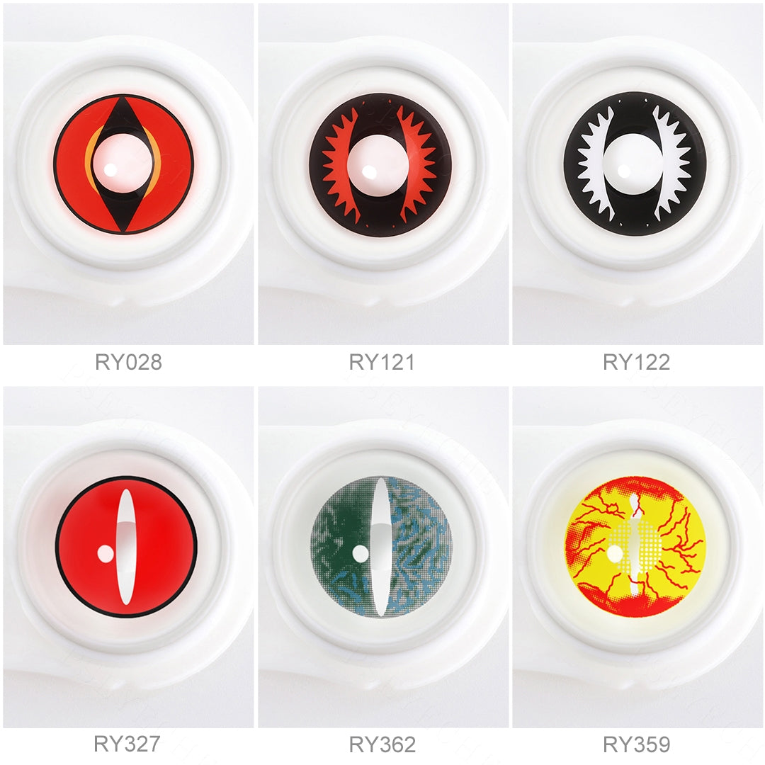 Array of Dragon Eye Costume Contacts in a white case, showcasing nine colors: Green Lizard, Red Demon, Red Lizard, Fire Dragon, Black Dragon, Yellow Dragon. Each lens is labeled with its color name beneath the case.