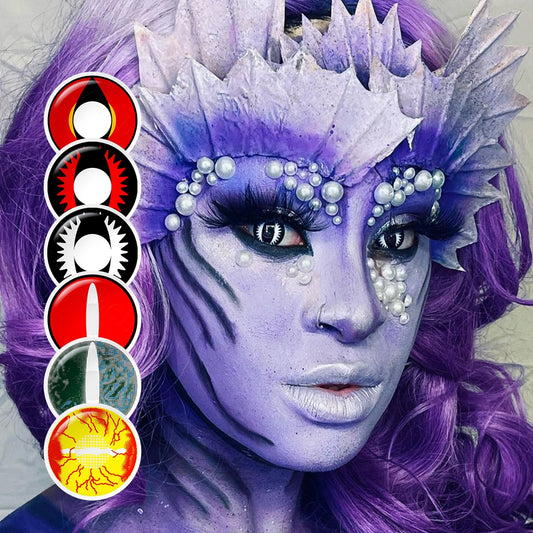 A young cosplayer showcasing Dragon Eye Costume Contacts with 6 Variants, one black with white dragon eye variant with close-up insets highlighting on the wearer's eye color.