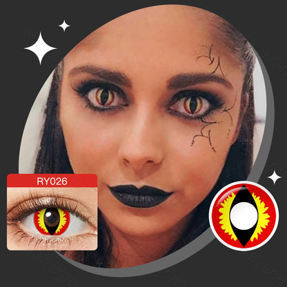A young lady showcasing Red Yellow Dragon Eye Costume Contacts, with close-up insets highlighting the effect and change eye colors available.