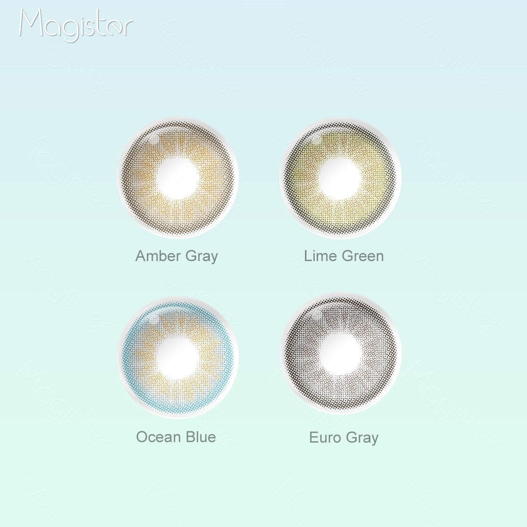 Grid layout of Desire II eye contact lens in various shades with each lens' color name: Amber Gray，Lime Green, Ocean Blue, Euro Gray, on a soft gradient background.