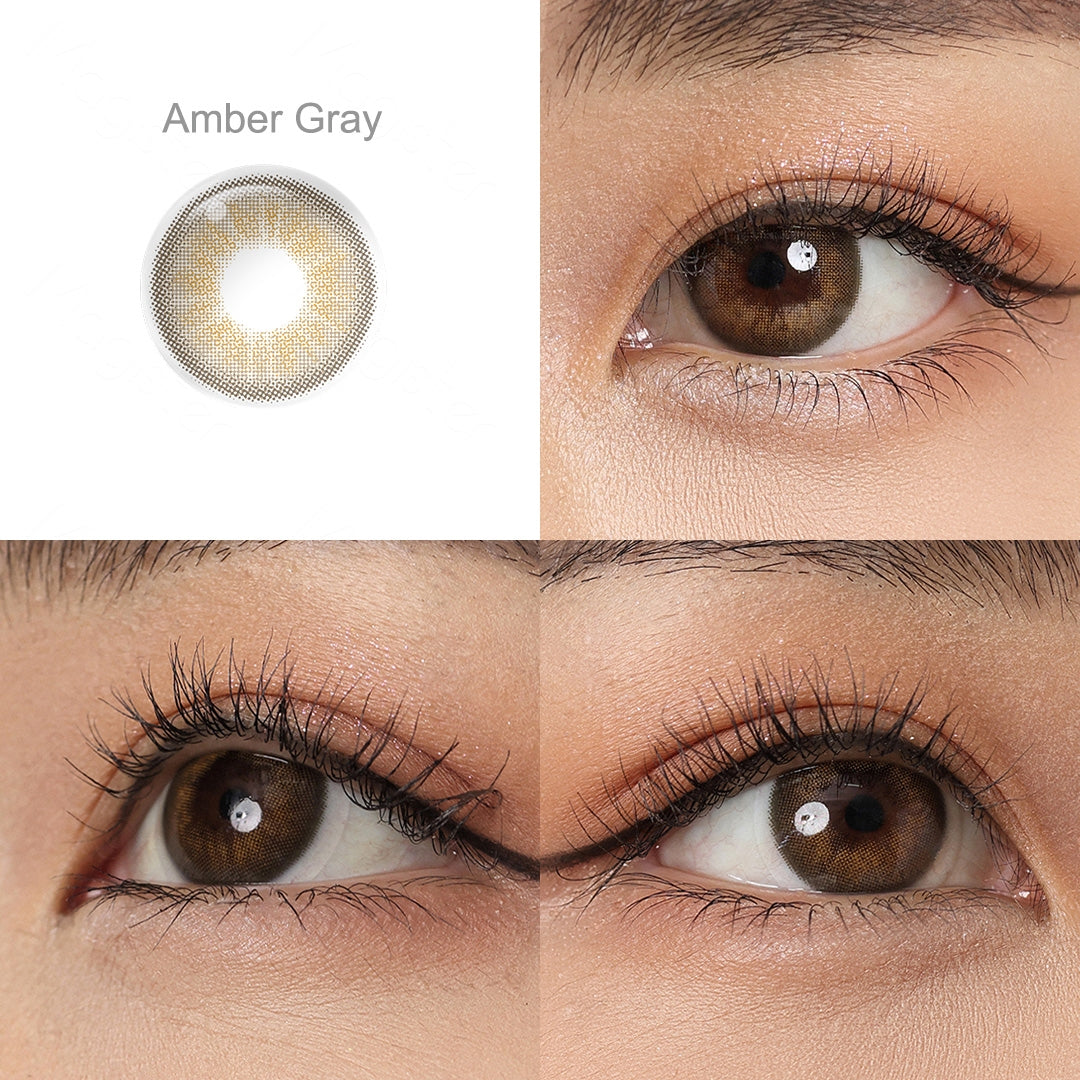 Showcase of one Desire II eye contact lens  in natural eye settings, labeled Amber Gray, demonstrating the transformative effect from 3 sides on the wearer's eye color.