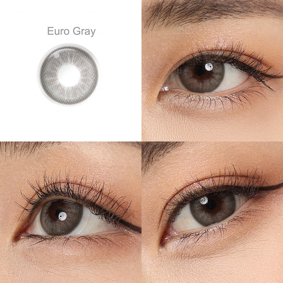 Showcase of one Desire II eye contact lens  in natural eye settings, labeled Euro Gray, demonstrating the transformative effect from 3 sides on the wearer's eye color.